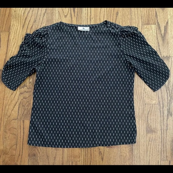 Jonathan Martin Vintage Black White Line Printed Ruched Puff 3/4 Sleeve Blouse - Picture 1 of 5
